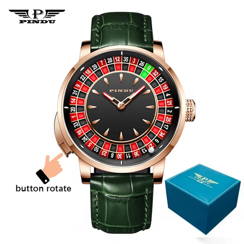 INDU New Watches Euroean Button Roulette Fun Game Sahire Glass NH35A Mechanical Watch Diamond Dial Leather Men'S Watch 6628