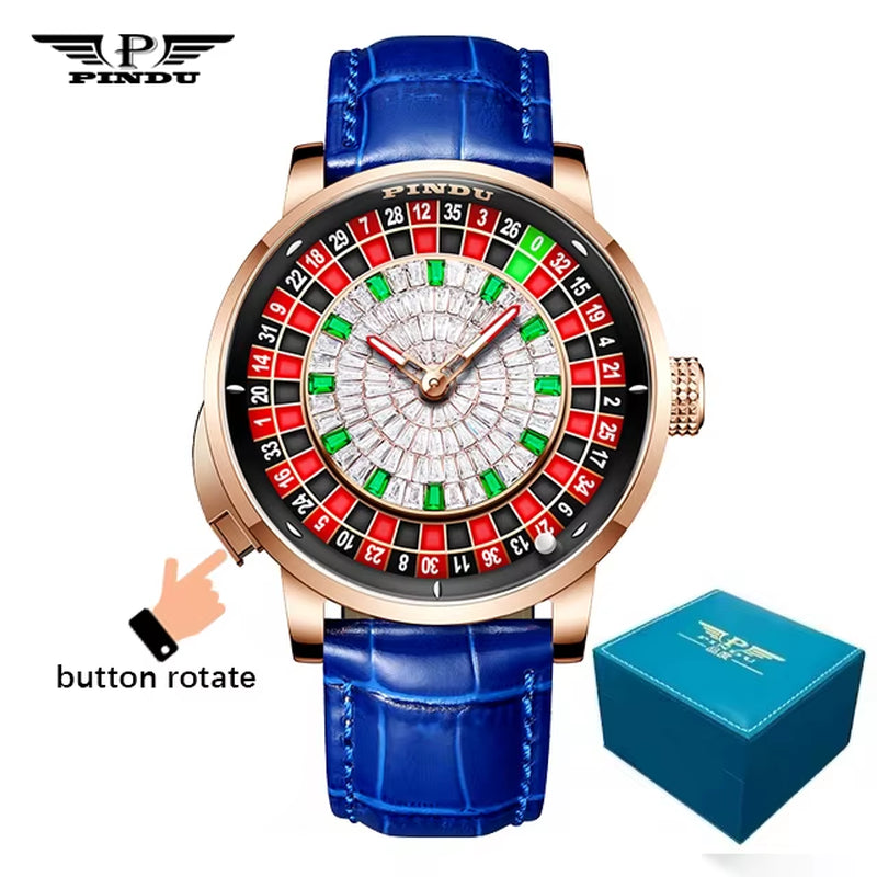 INDU New Watches Euroean Button Roulette Fun Game Sahire Glass NH35A Mechanical Watch Diamond Dial Leather Men'S Watch 6628