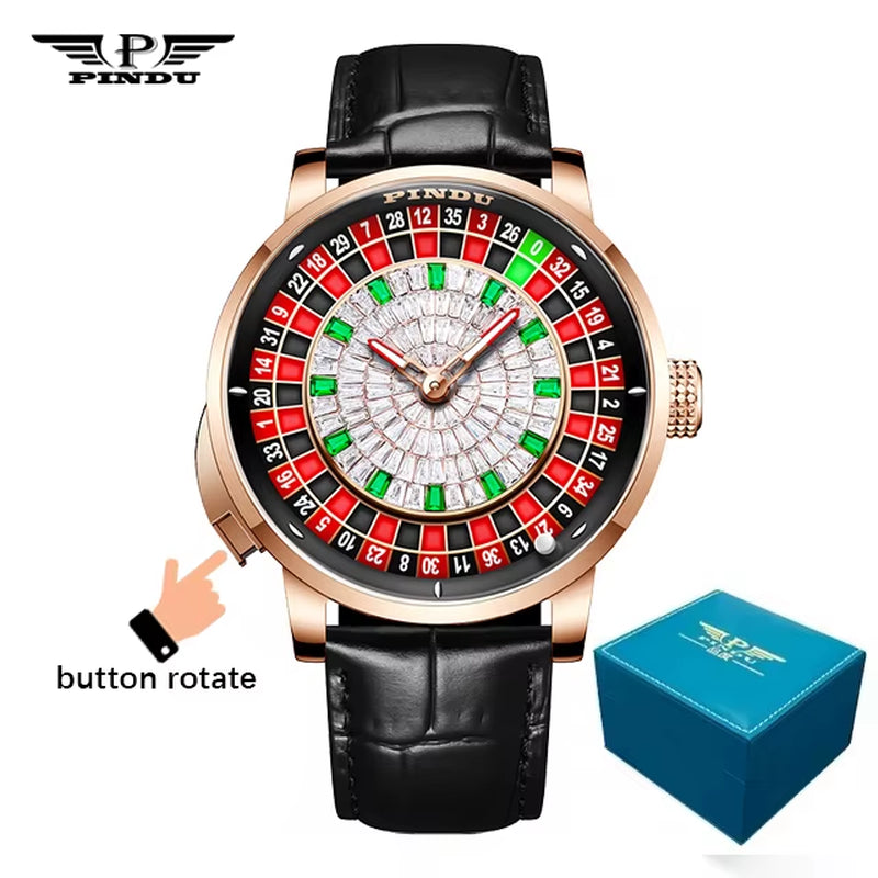 INDU New Watches Euroean Button Roulette Fun Game Sahire Glass NH35A Mechanical Watch Diamond Dial Leather Men'S Watch 6628