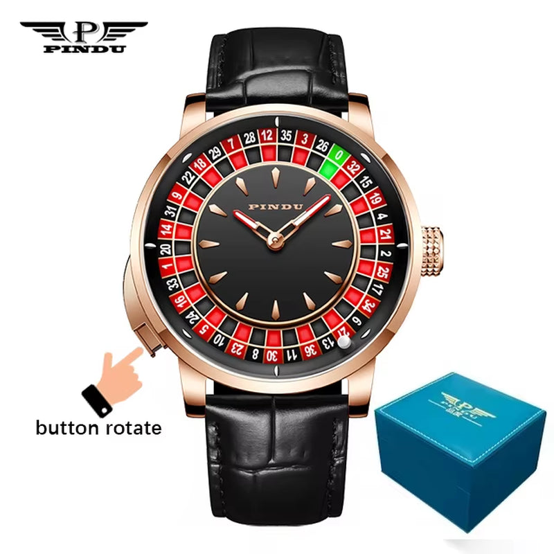 INDU New Watches Euroean Button Roulette Fun Game Sahire Glass NH35A Mechanical Watch Diamond Dial Leather Men'S Watch 6628