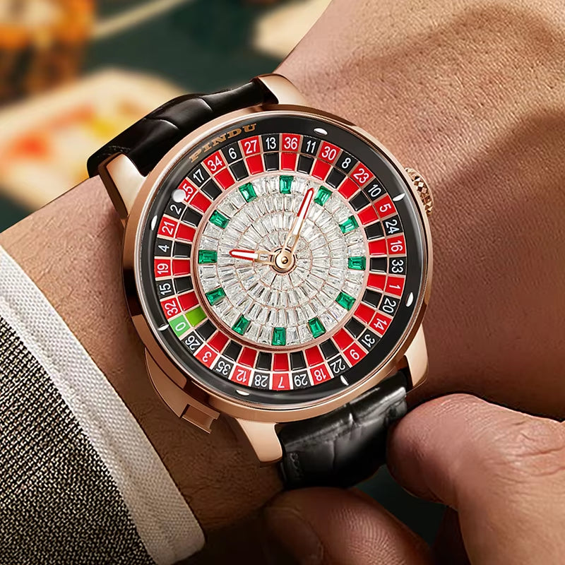 INDU New Watches Euroean Button Roulette Fun Game Sahire Glass NH35A Mechanical Watch Diamond Dial Leather Men'S Watch 6628