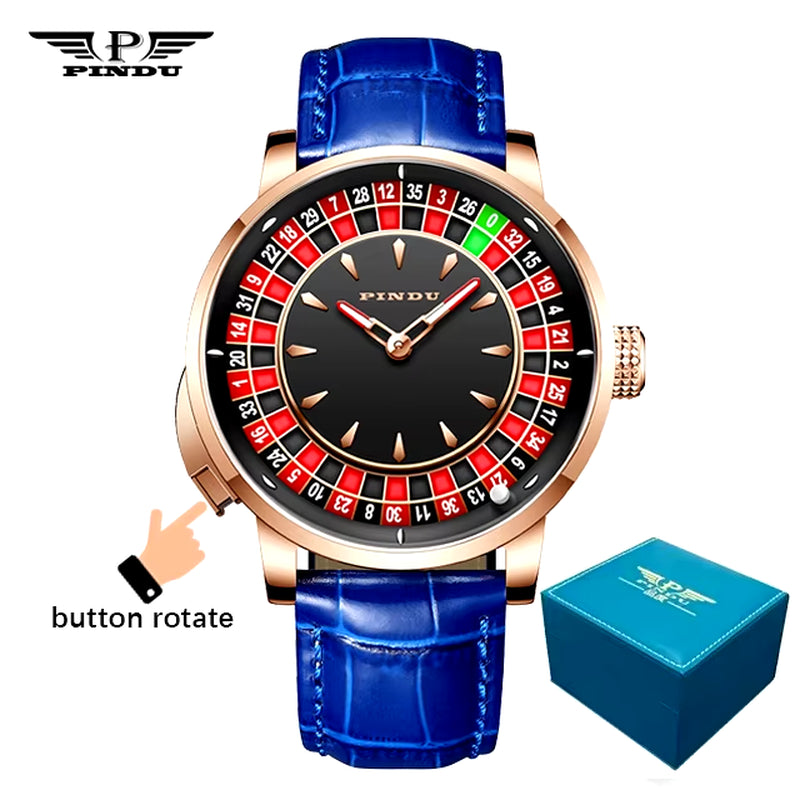 INDU New Watches Euroean Button Roulette Fun Game Sahire Glass NH35A Mechanical Watch Diamond Dial Leather Men'S Watch 6628